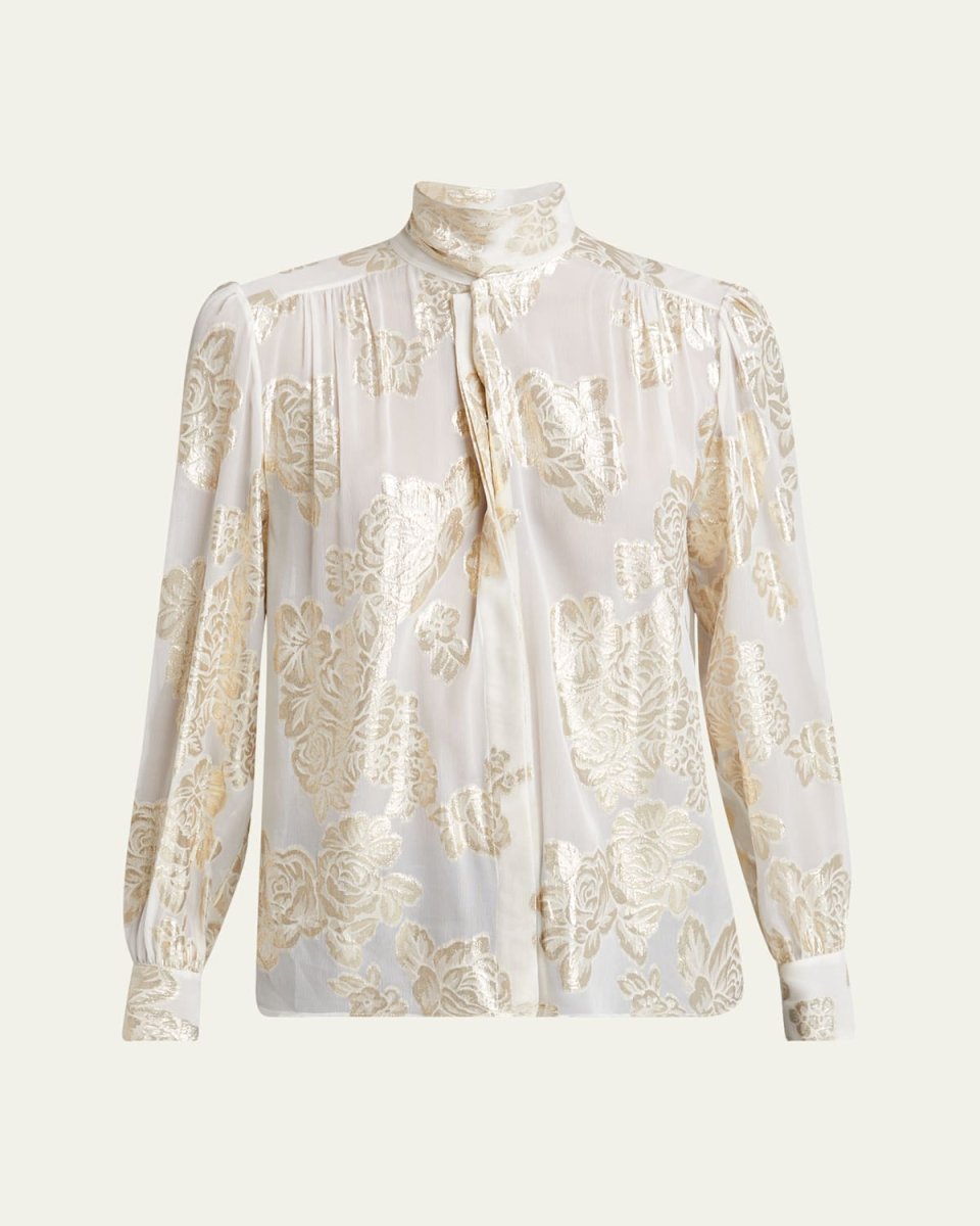 Metallic Floral Silk Scarf-Neck Top